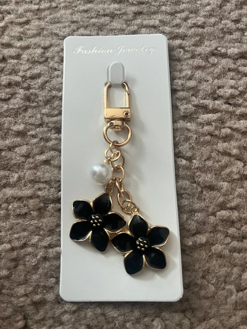 Gold Floral Keychain with Black Enamel Flowers and Pearl Accent - Picture 1 of 1